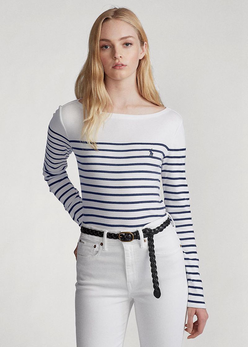 ポロ ラルフ ローレン トップス レディース 白 ストライプd コットン Boatneck Shirt GEILQ7831